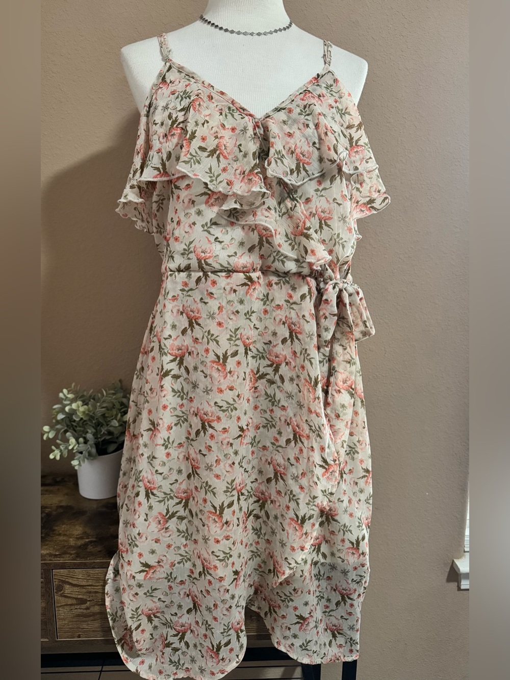 Cold Shoulder Floral Ruffle Tie-Waist Midi Dress in Cream and Pink